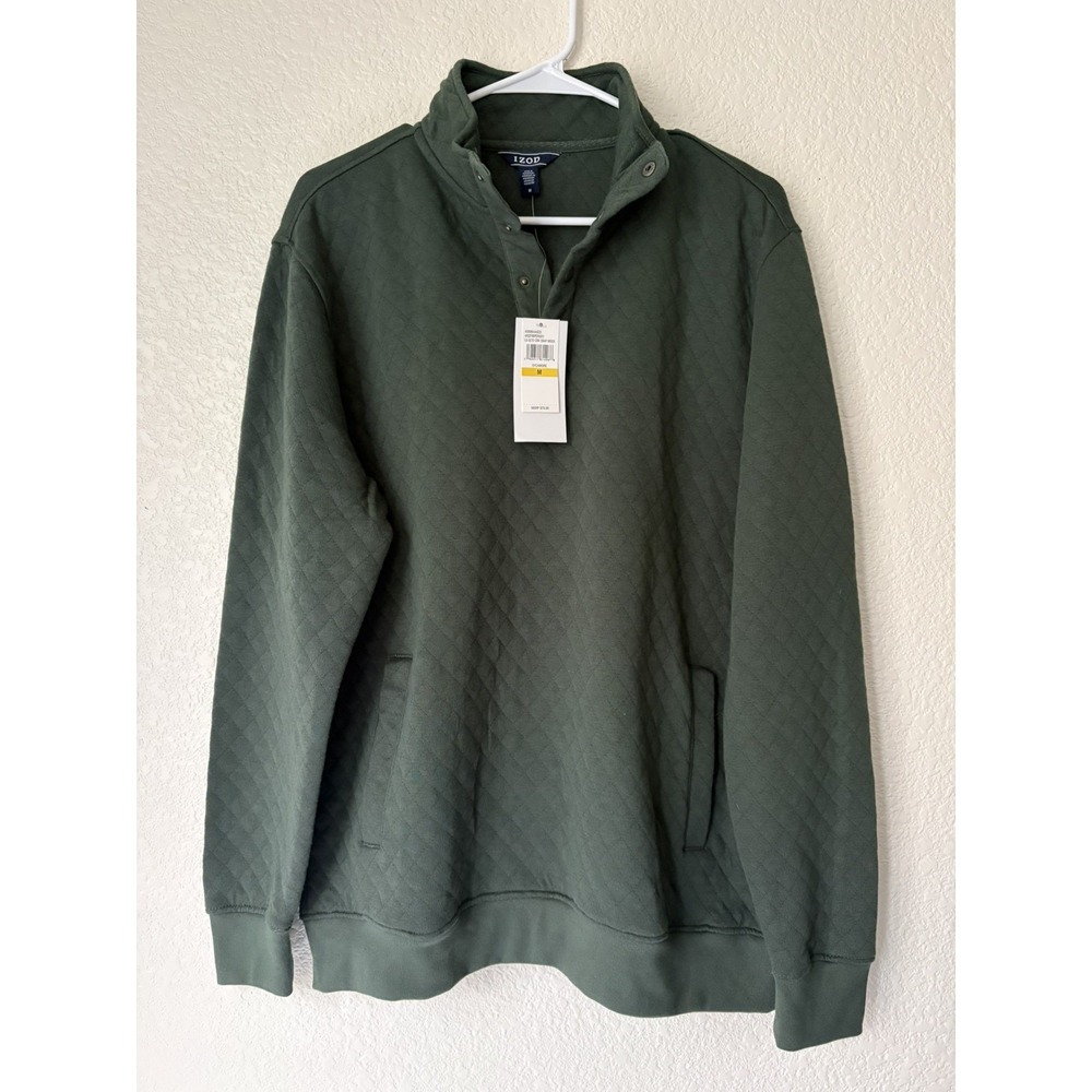 IZOD Sport Quilted‎ Pullover Men Medium Hunter Green Snap Mock Fleece